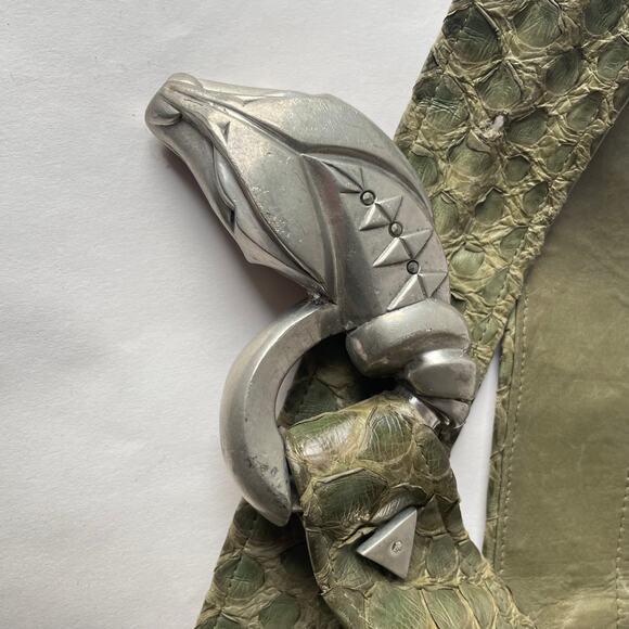 80s Snake Head Buckle Snakeskin Belt  Leather Vintage Giant Buckle Exotic Lthr - Picture 3 of 9